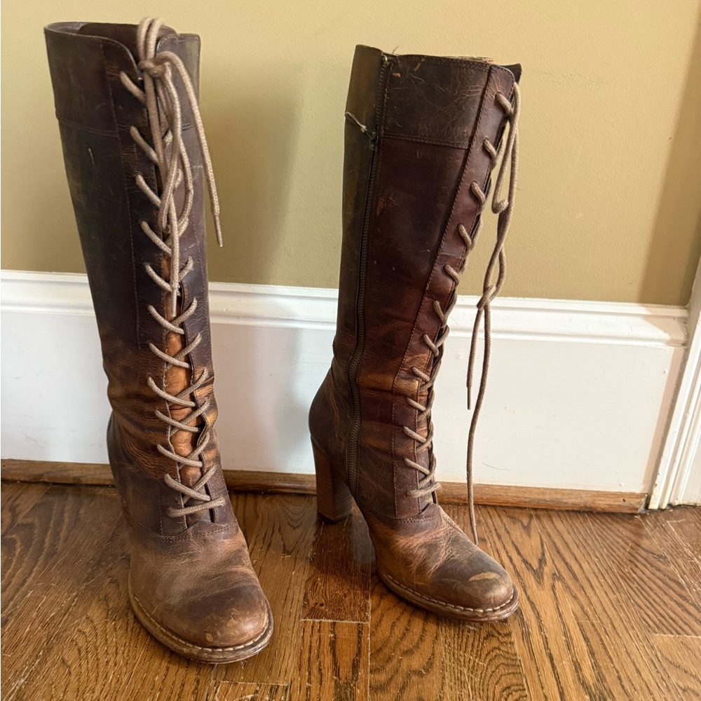 Tall Frye lace up boots with zippers, women’s 9. Distressed leather